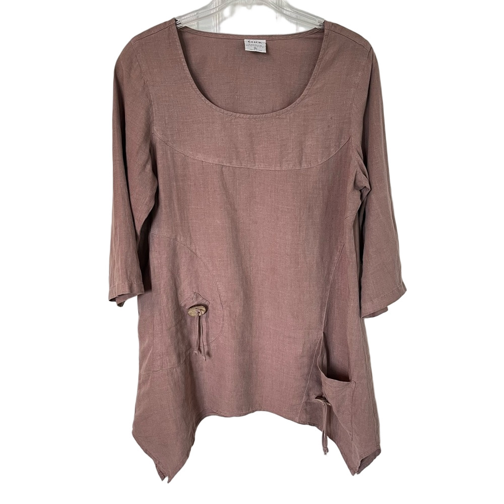 Click Linen Tunic Top 3/4 Sleeve Brown Sharkbite Hem XL Lagenlook Asymmetric